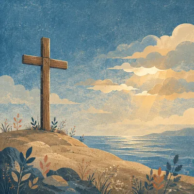 Empty Wooden Cross Beneath Blue Morning Sky