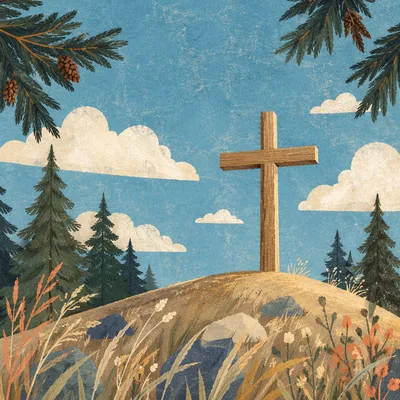 Empty Wooden Cross Beneath Blue Spring Sky