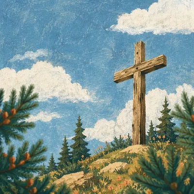 Empty Wooden Cross Under Blue Sky
