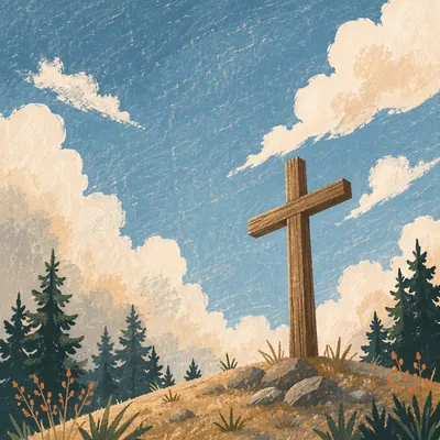 Empty Wooden Cross Beneath Blue Spring Sky