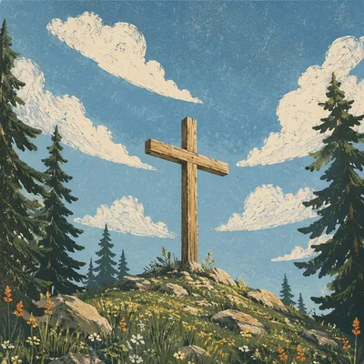 Empty Wooden Cross Beneath Blue Spring Sky