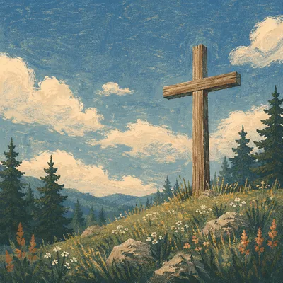 Empty Wooden Cross Under Blue Cloudy Sky