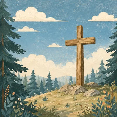 Weathered Cross Beneath Blue Clouded Sky