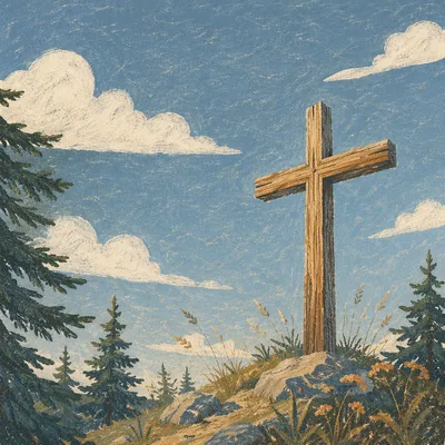 Weathered Cross Beneath Blue Cloudy Sky