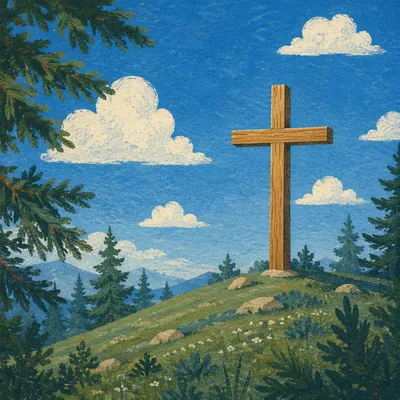 Empty Wooden Cross Under Blue Sky