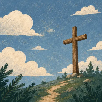 Wooden Cross Under Blue Cloudy Sky
