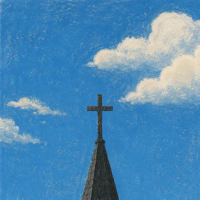 Cross on Steeple Against Blue Sky