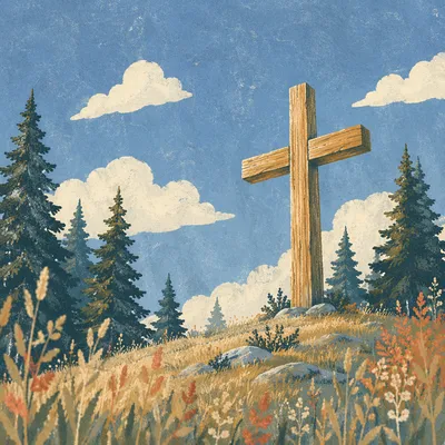 Empty Wooden Cross Beneath Blue Morning Sky