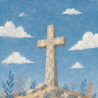 Weathered Stone Cross Beneath Blue Sky