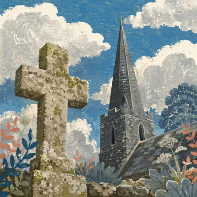 Weathered Stone Cross Beneath Blue Sky