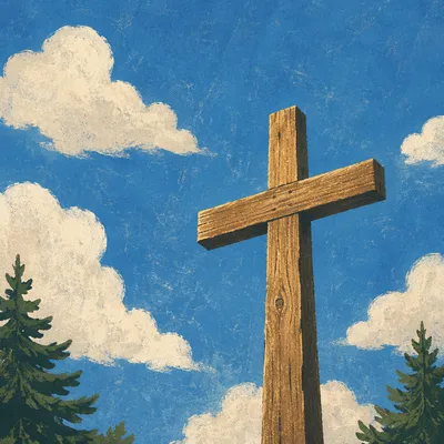 Empty Wooden Cross Beneath Blue Sky
