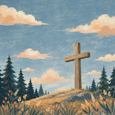 Empty Wooden Cross Under Blue Morning Sky