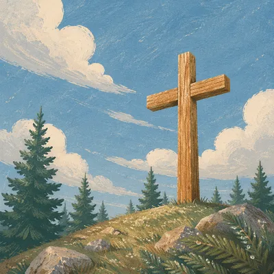 Empty Wooden Cross Beneath Blue Morning Sky