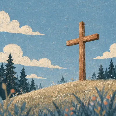 Empty Wooden Cross Under Blue Sky