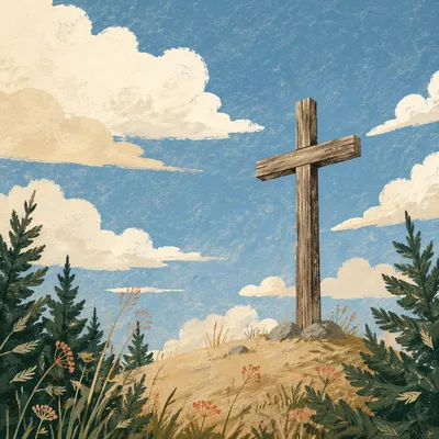 Empty Wooden Cross Beneath Blue Sky