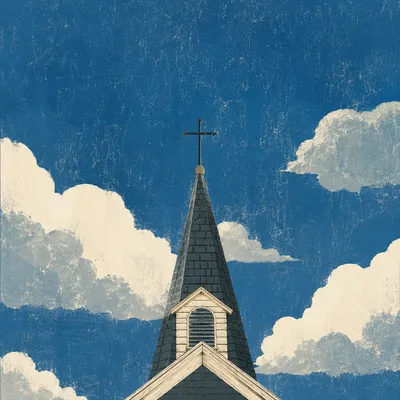 Empty Cross Above Church Steeple and Clouds