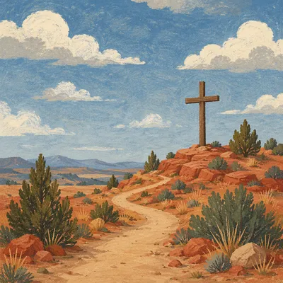 Empty Wooden Cross Under Blue Desert Sky