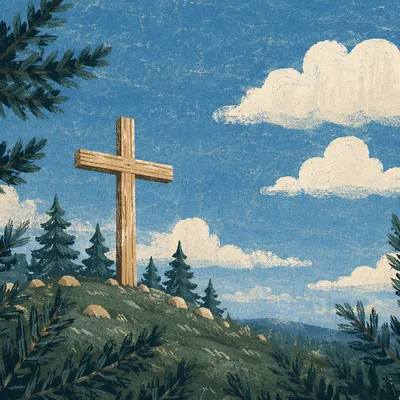 Empty Wooden Cross Under Blue Sky