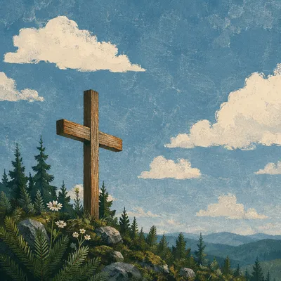 Empty Wooden Cross Under Blue Sky