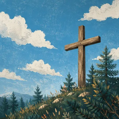 Empty Cross on Evergreen Hillside