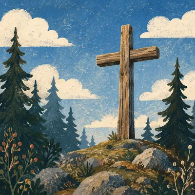 Empty Wooden Cross Under Blue Sky