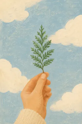 Evergreen Fern Held Against Blue Sky