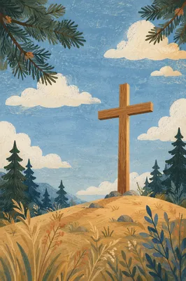 Empty Wooden Cross Beneath Blue Spring Sky