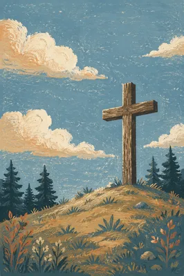Empty Wooden Cross Under Blue Sky