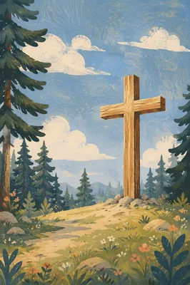 Weathered Cross Under Blue Sky Pines