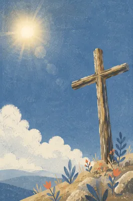 Rustic Empty Cross Against Blue Sky