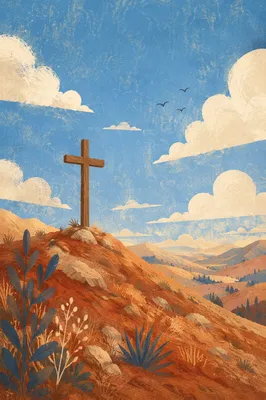 Empty Wooden Cross Beneath Bright Clouded Sky