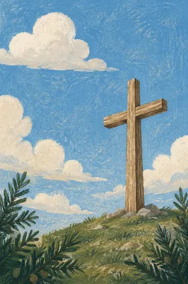 Empty Wooden Cross Under Blue Sky