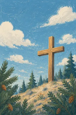 Empty Wooden Cross Under Blue Sky