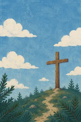 Wooden Cross Beneath Blue Cloudy Sky