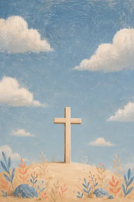 Empty Wooden Cross Beneath Blue Clouds