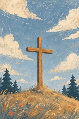 Empty Wooden Cross Beneath Blue Sky