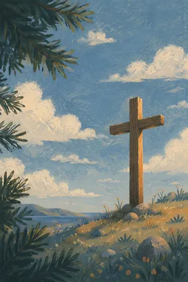 Weathered Cross Beneath Evergreen Sky