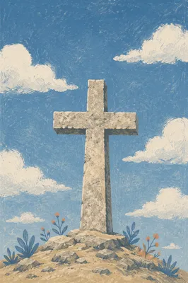 Weathered Stone Cross Under Blue Sky