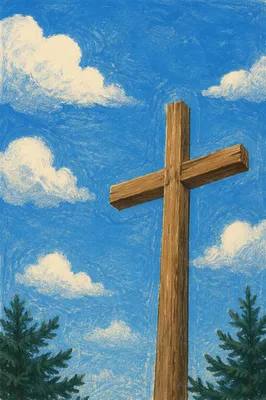 Empty Wooden Cross Under Blue Sky