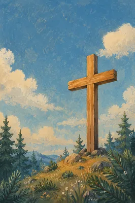 Empty Wooden Cross Beneath Evergreen Morning Sky
