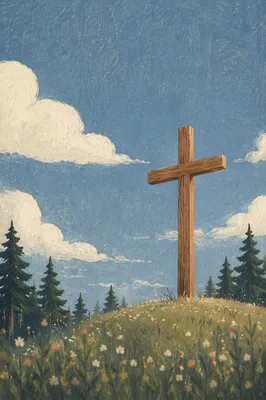 Empty Wooden Cross Under Blue Morning Sky