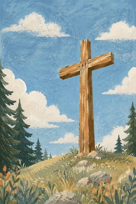 Empty Wooden Cross Beneath Blue Clouded Sky