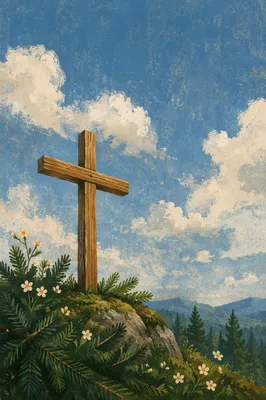 Empty Wooden Cross Under Blue Clouded Sky