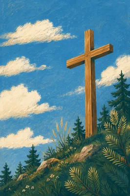 Empty Wooden Cross Under Blue Clouded Sky