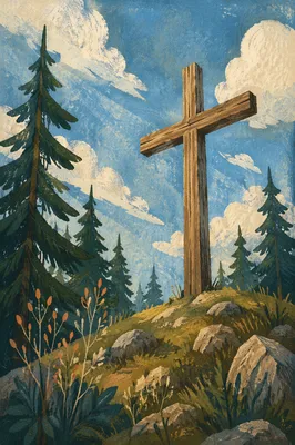 Empty Wooden Cross Beneath Blue Sky