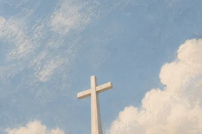 Pale Wooden Cross Beneath Blue Sky