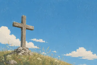 Empty Wooden Cross Beneath Blue Alpine Sky