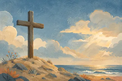Empty Wooden Cross Beneath Morning Clouds