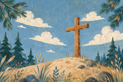 Empty Wooden Cross Beneath Blue Spring Sky