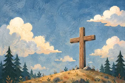 Empty Wooden Cross Beneath Blue Clouded Sky